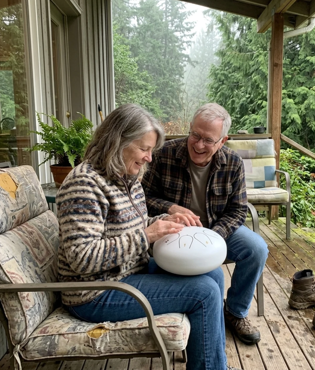 A couple playing the drum together on a covered porch
