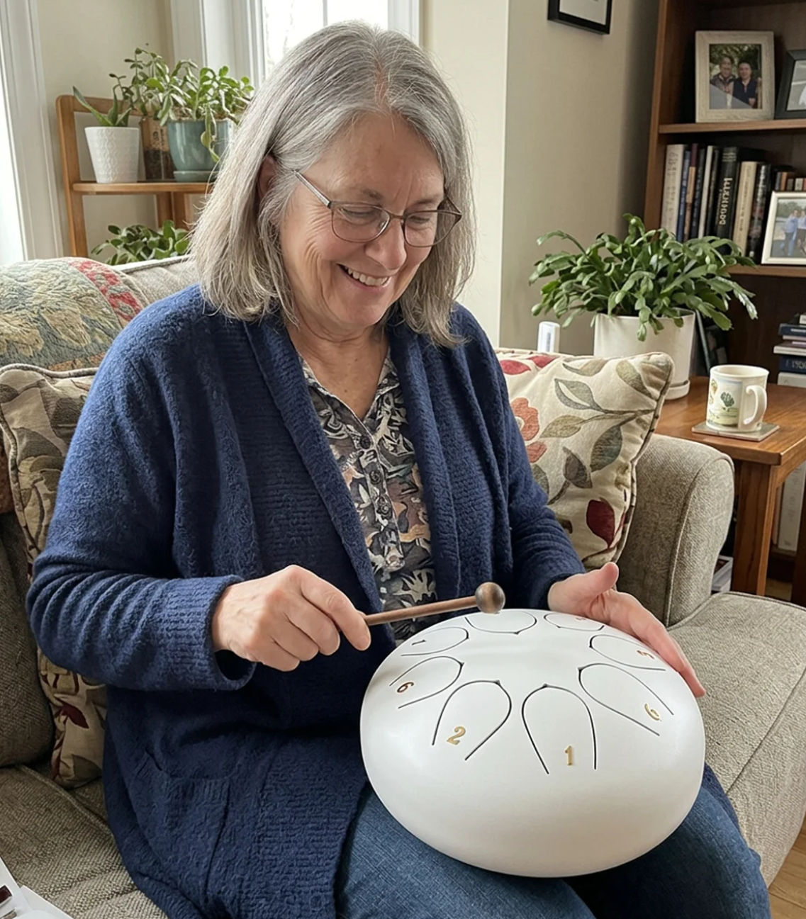 A woman with grey hair playing a white Calm Drum on her lap