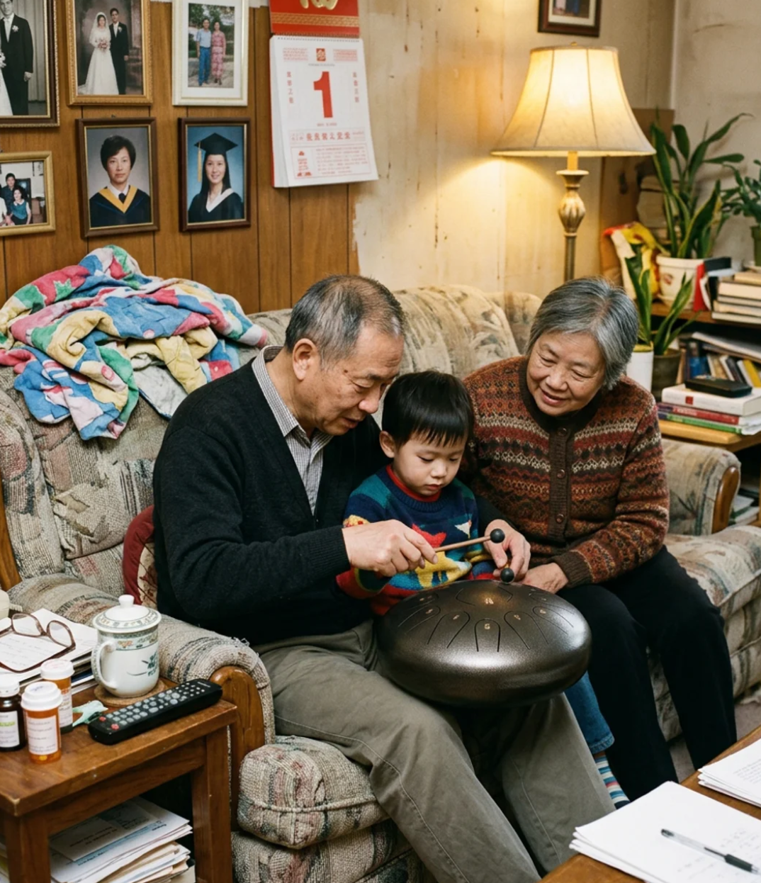 Grandparents and a young child playing a Calm Drum together on the sofa