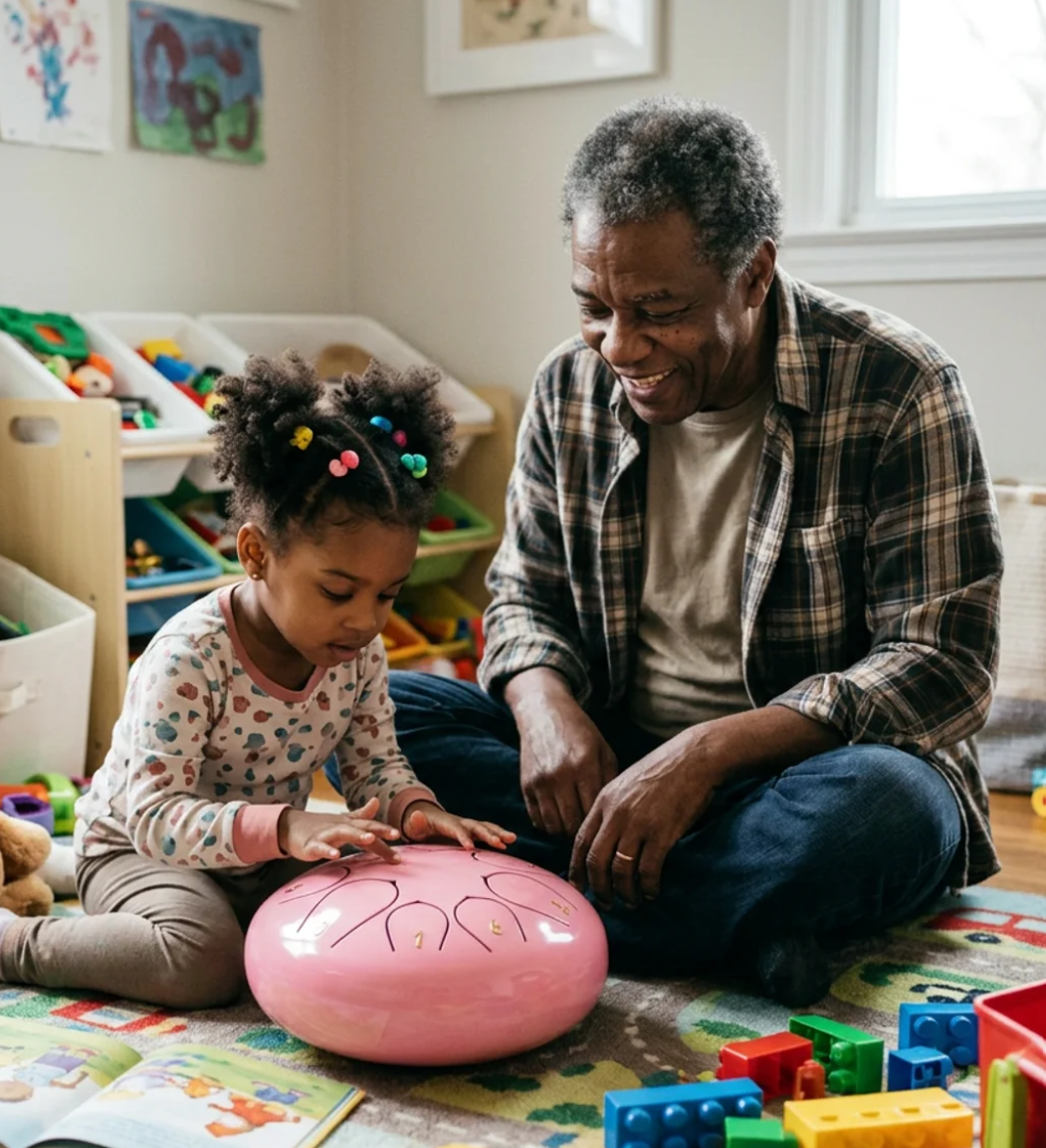 A grandfather and his granddaughter playing a pink drum on the playroom floor