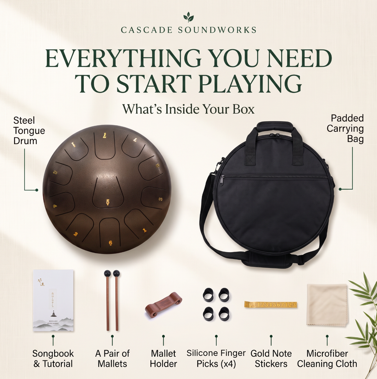 Everything inside the box: the drum, a padded carrying bag, a songbook, mallets, a mallet holder, finger picks, note stickers and a cleaning cloth