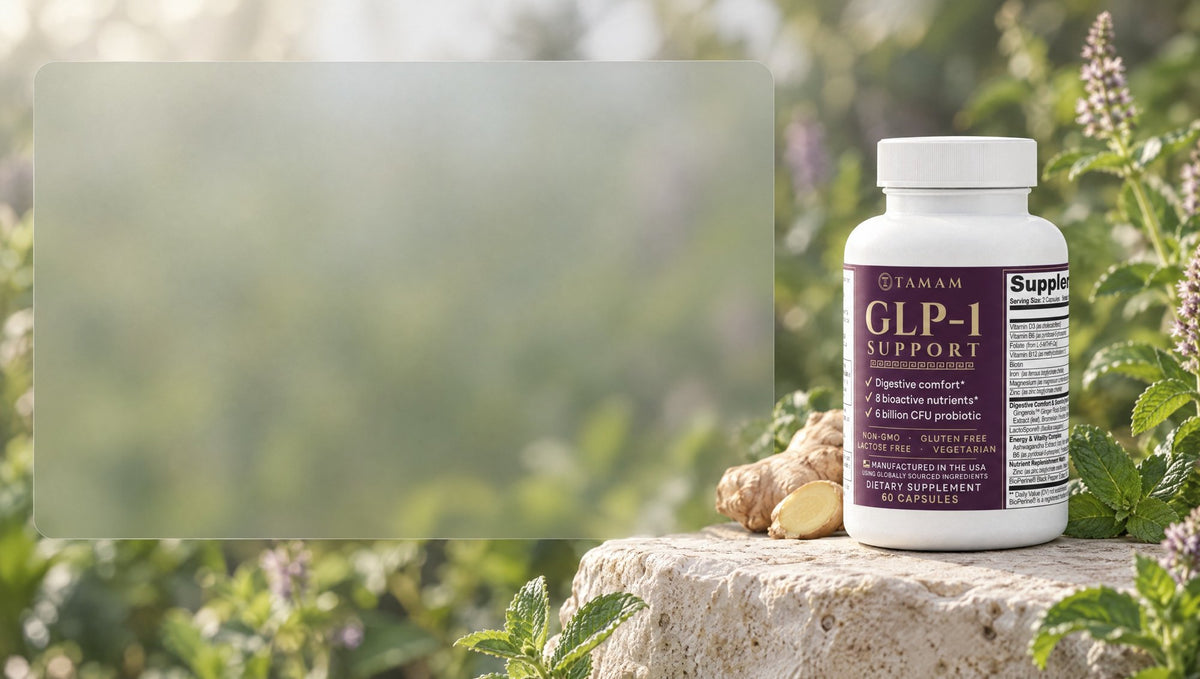 TAMAM GLP-1 Support bottle on a stone ledge among ginger and peppermint