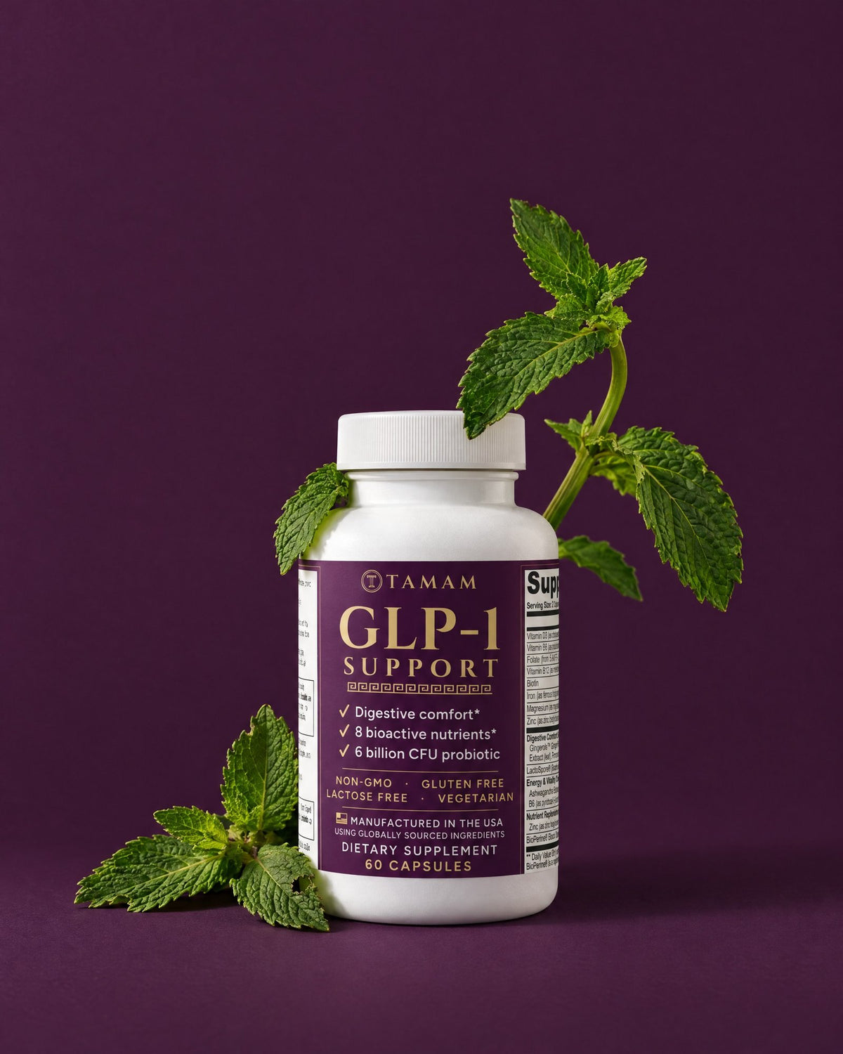 TAMAM GLP-1 Support bottle with fresh mint on plum