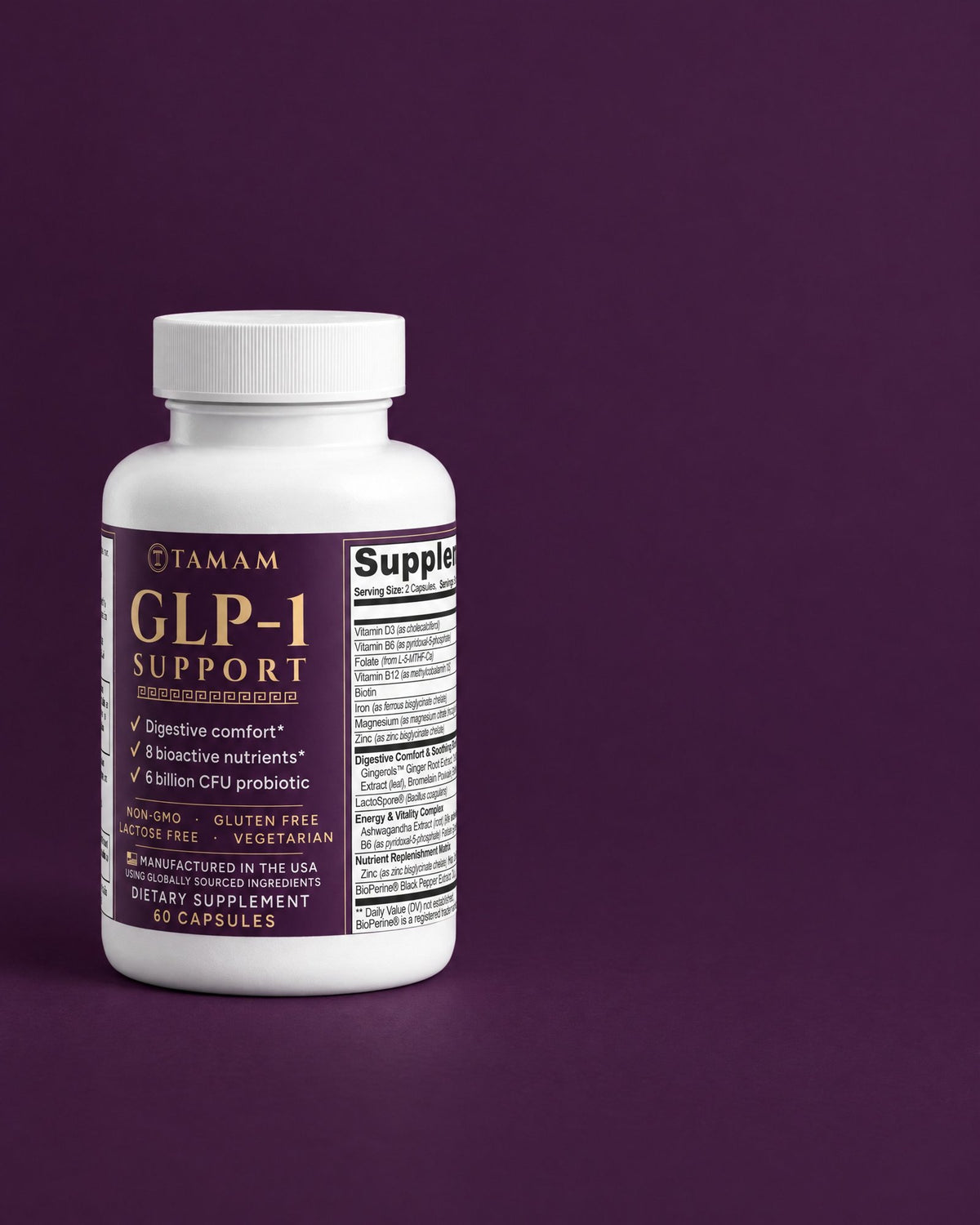 TAMAM GLP-1 Support bottle on deep plum
